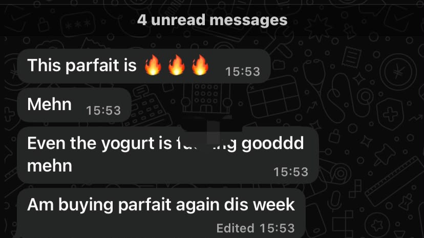 Customer praising the parfait and yogurt and planning to buy again