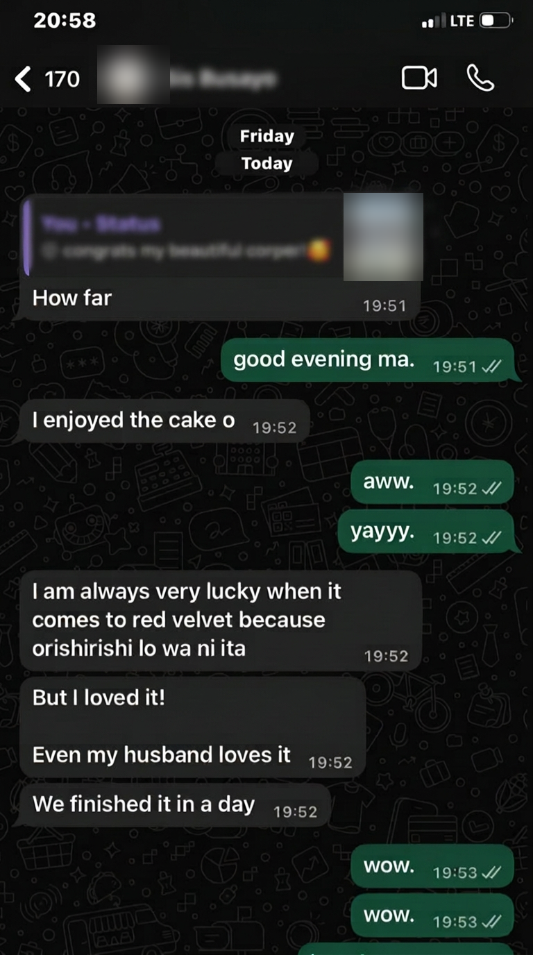Anonymous customer saying she and her husband loved the red velvet cake